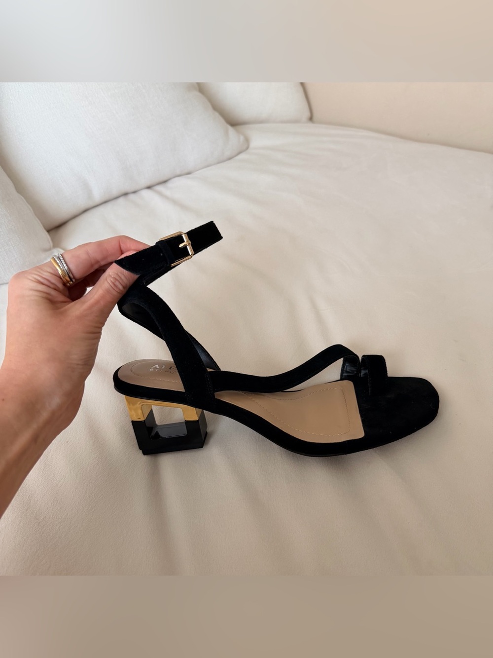 ALFANI WOMEN’S COREENA SQUARE-HEEL DRESS SANDALS IN BLACK WITH GOLD HEEL US 9.5 - Picture 4 of 6